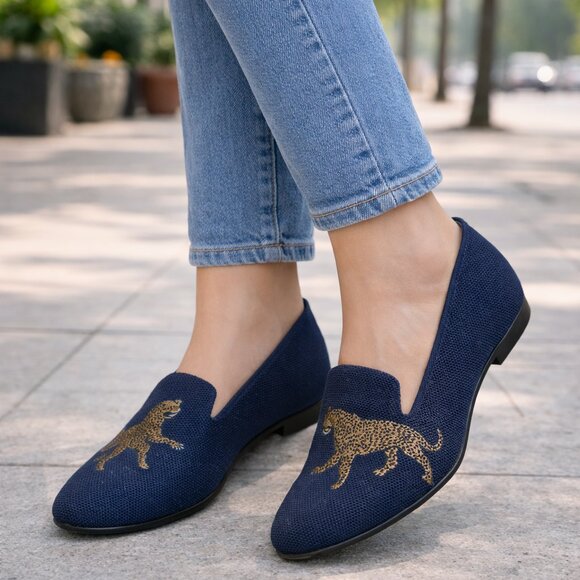 Vivaia Shoes - Vivaia flat shoe, loafer, slide on, never worn, sz 37,cheetah embroidery, navy,